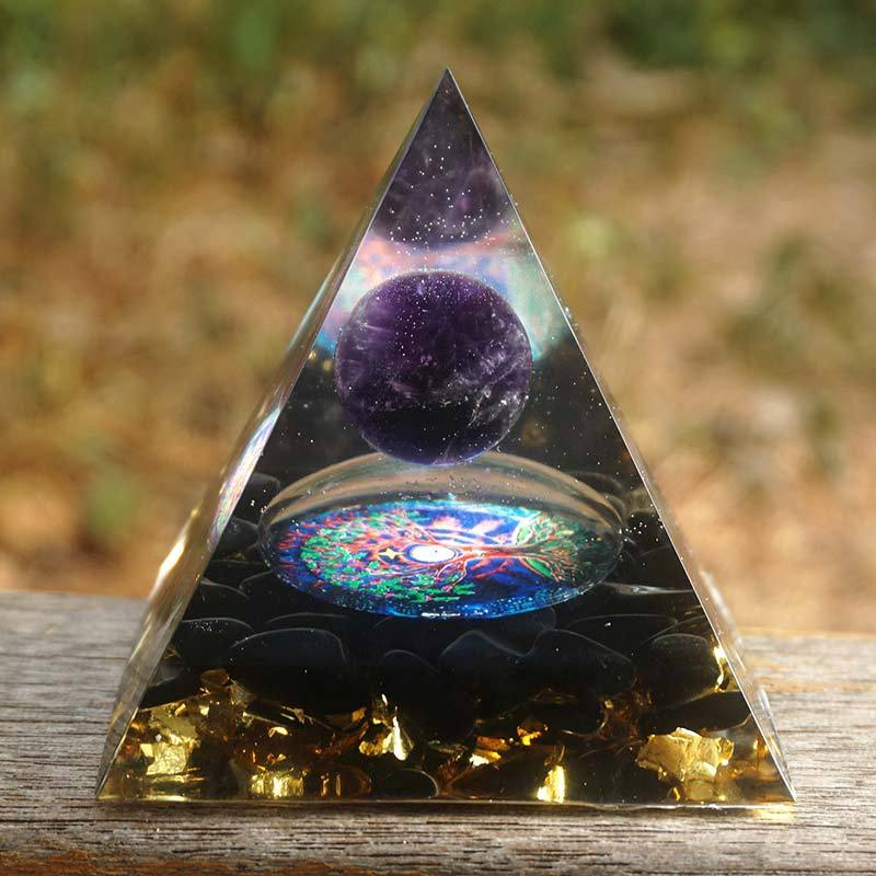 Orgonite Pyramid 60mm Amethyst Crystal Sphere With Obsidian Natural Cristal Stone
