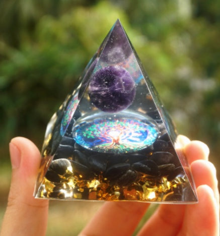 Orgonite Pyramid 60mm Amethyst Crystal Sphere With Obsidian Natural Cristal Stone