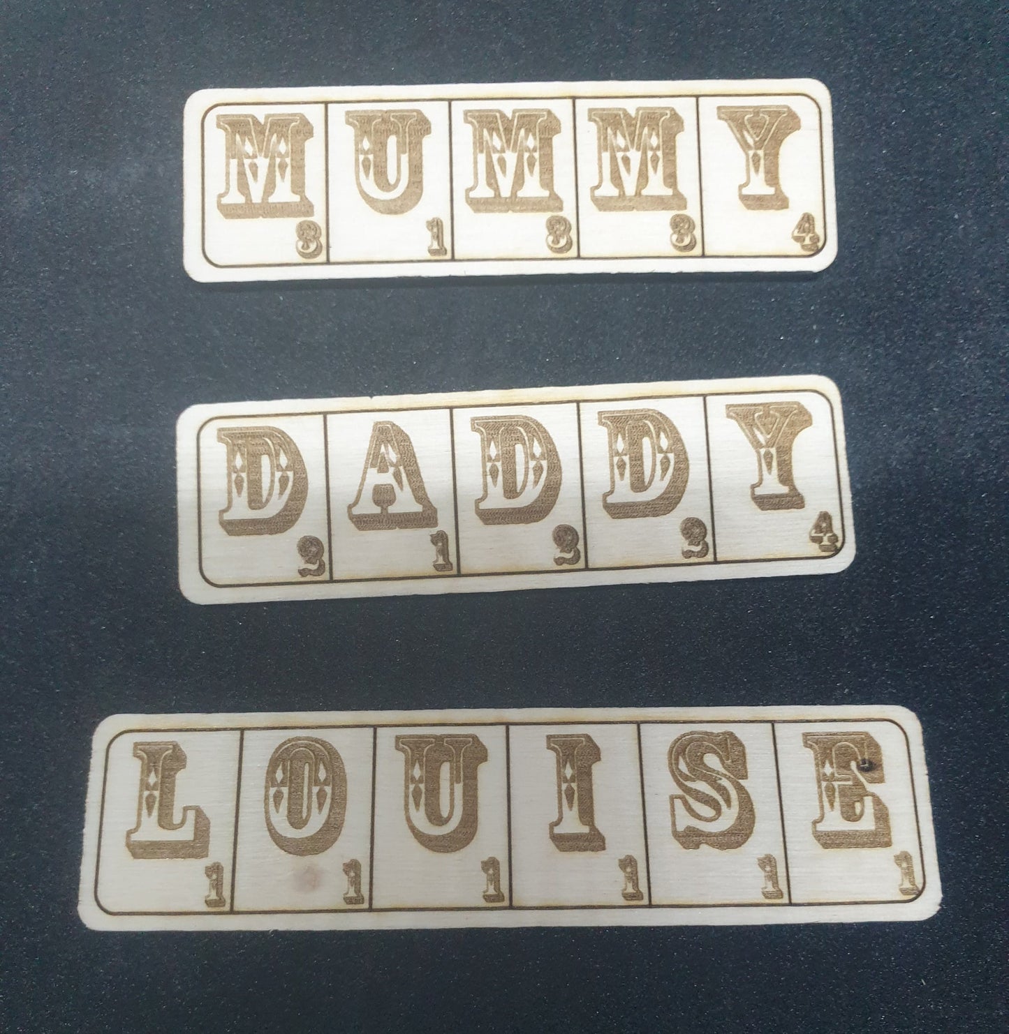 Scrabble personalised name tag - Laser Engraved - Mum dad Nan Grandad, Brother Sister