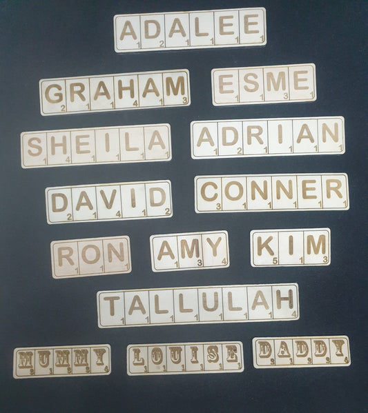 Scrabble personalised name tag - Laser Engraved - Mum dad Nan Grandad, Brother Sister